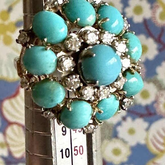 Vintage Diamond Turquoise Cocktail Ring Bombe Style - Picture 6 of 9